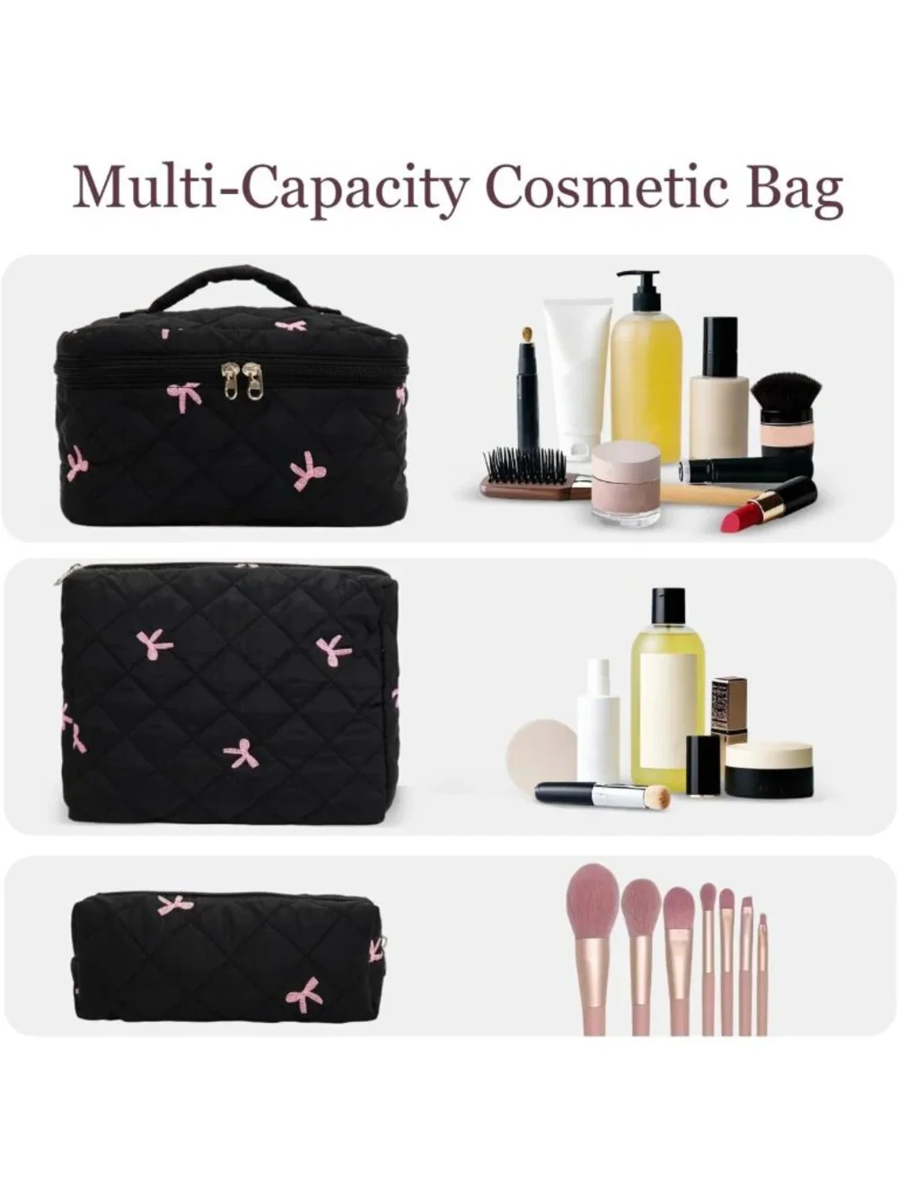 3PC Floral Makeup Bag Set - Large Quilted Cosmetic & Toiletry Bags for Travel